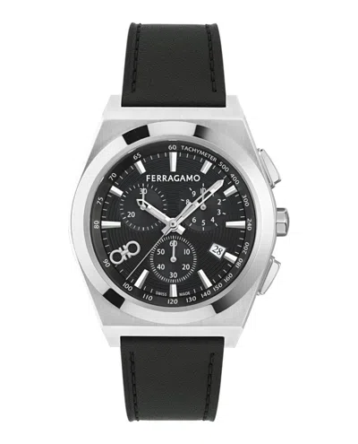 Ferragamo Vega Upper East Chrono Leather Watch In Black
