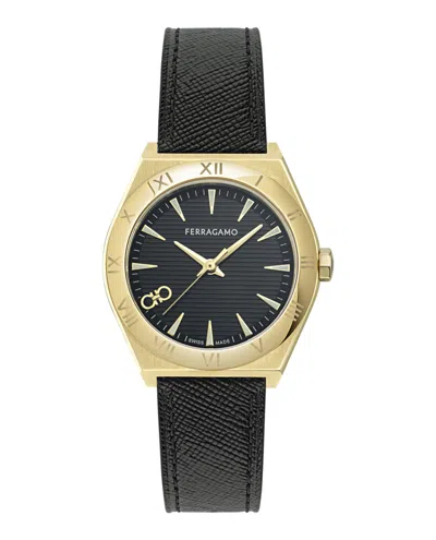 Ferragamo Vega Upper East Leather Watch In Black