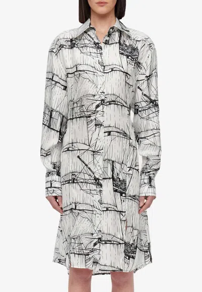 Ferragamo Veliero Print Silk Shirt Dress In Monochrome