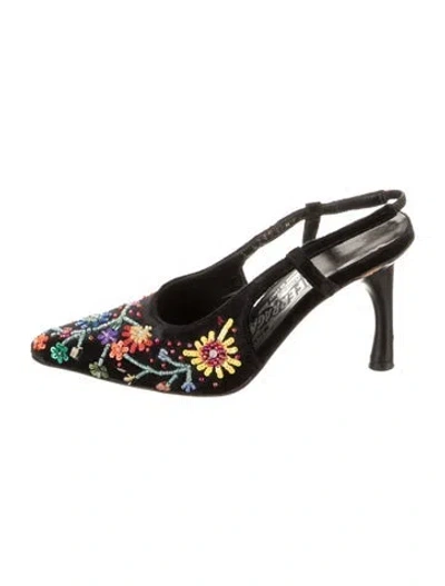 Pre-owned Ferragamo Velvet Floral Print Slingback Pumps In Black