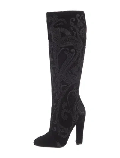 Pre-owned Ferragamo Velvet Patterned Boots In Black/blue