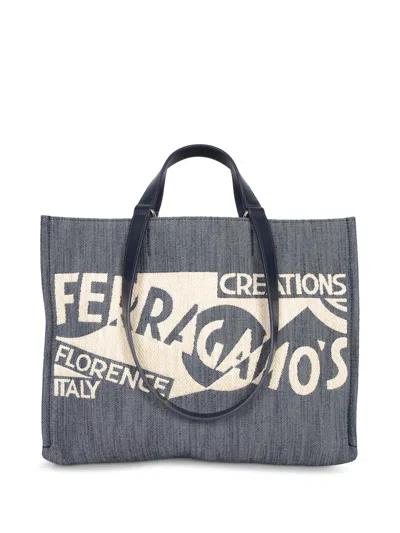 FERRAGAMO VENNA JACQUARD DENIM TOTE BAG