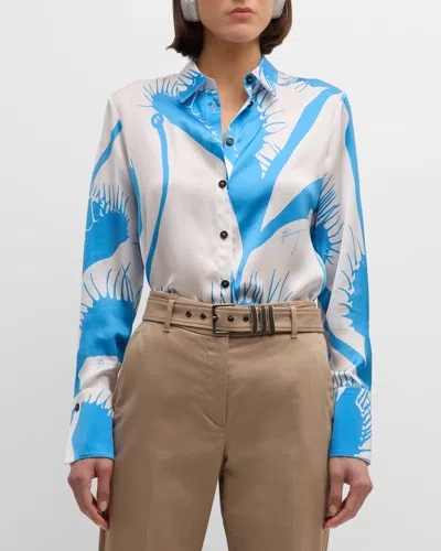 Ferragamo Venus Print Silk Shirt In Blue