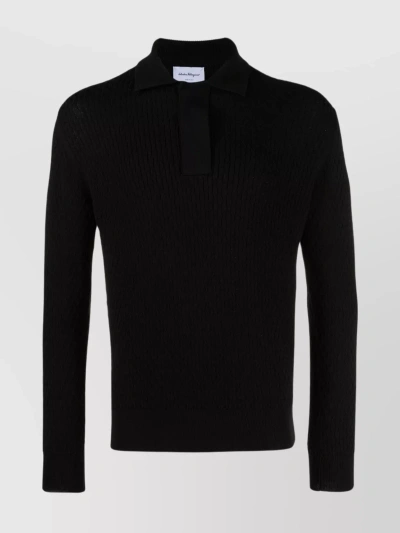 Ferragamo Versatile Cable-knit Crewneck Sweater With Ribbed Details In Black