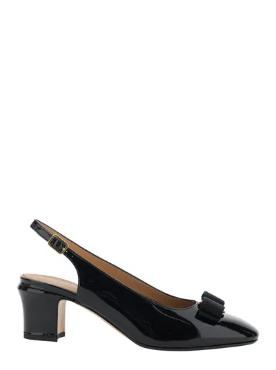 Ferragamo Vetty Black Slingback Pumps With Logo Plaque On The Front And Low Block Heel In Leather Woman