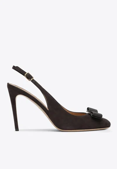 Ferragamo Vibily 95 Vara Bow Suede Slingback Pumps In Brown