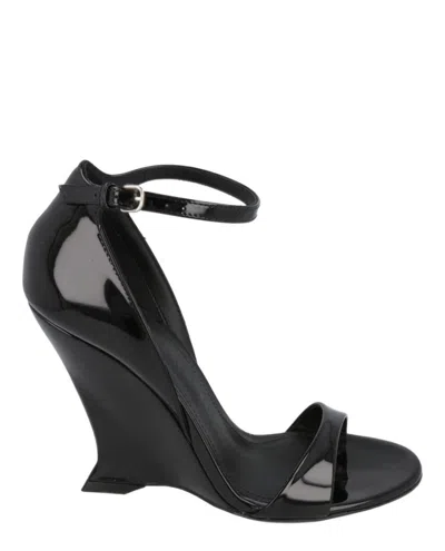 Ferragamo Vidette Patent Leather Wedge Sandals In Black