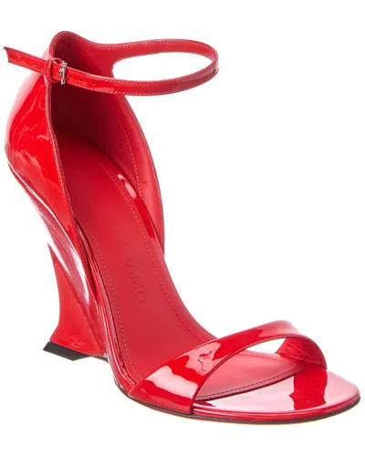 Ferragamo Glossy Leather Sandals With Shaped Wedge Heel In Red