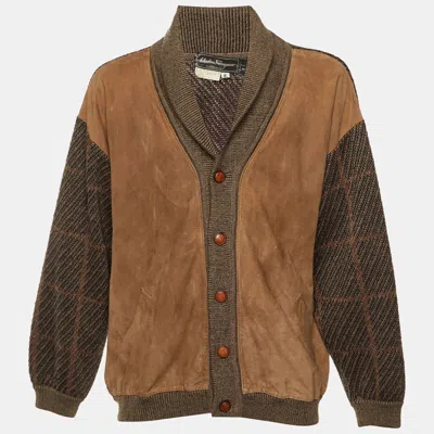 Pre-owned Ferragamo Vintage Brown Suede & Wool Knit Cardigan Xl