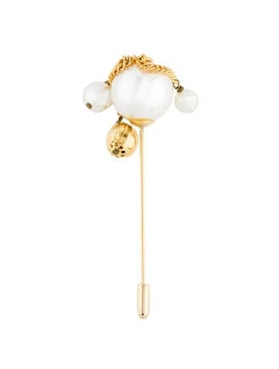 Pre-owned Ferragamo Vintage Faux Pearl Stick Pin Brooch In White