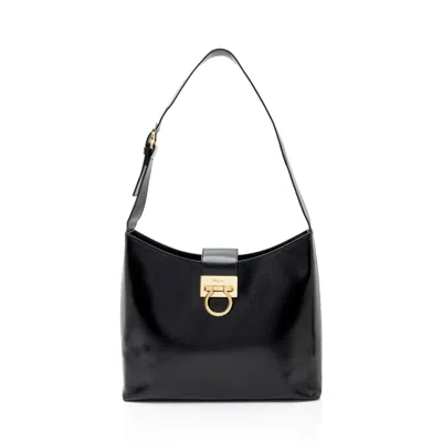 Ferragamo Vintage Leather Gancio Trifolio Large Shoulder Bag In Black