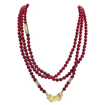 Pre-owned Ferragamo Vintage Rare Red Ruby Beads Gold Plated Butterfly Signed