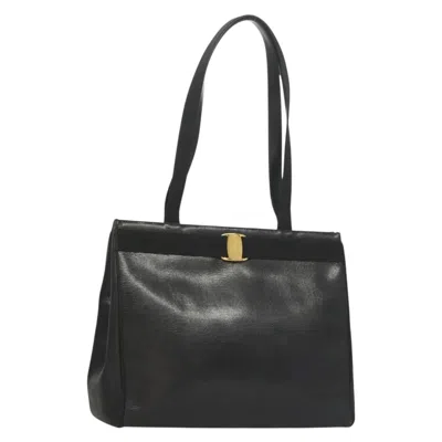 Pre-owned Ferragamo Vintage Vara Bow Tote Lizard Embossed Leather Leather Tote Bag Bag () In Black