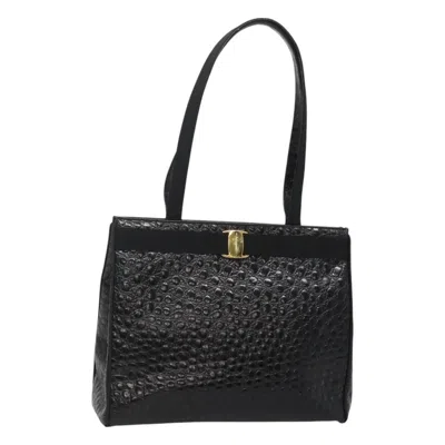Pre-owned Ferragamo Vintage Vara Bow Tote Lizard Embossed Leather Leather Tote Bag Bag () In Black