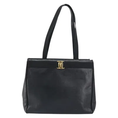 Pre-owned Ferragamo Vintage Vara Bow Tote Lizard Embossed Leather Leather Tote Bag Bag () In Black