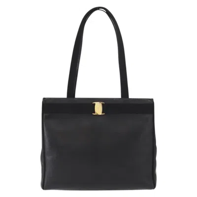 Pre-owned Ferragamo Vintage Vara Bow Tote Lizard Embossed Leather Leather Tote Bag Bag () In Black