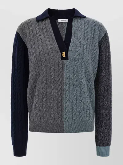 Ferragamo Virgin Wool Color Block Cable-knit V-neck Polo Sweater In Blue