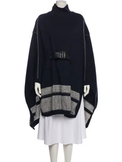 Pre-owned Ferragamo Virgin Wool Colorblock Pattern Poncho In Blue