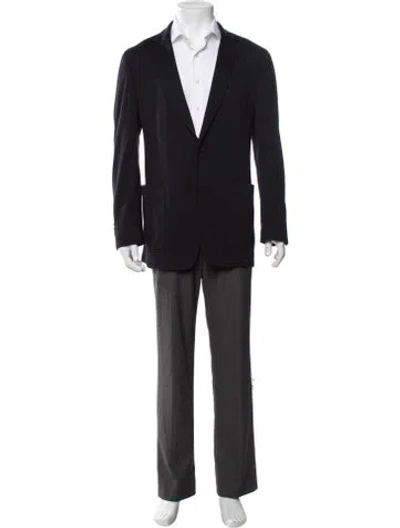 Pre-owned Ferragamo Virgin Wool Leather Trim Embellishment Sport Coat In Blue