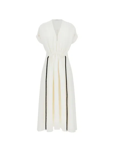 Ferragamo Viscose Dress With Gathered Waist In White