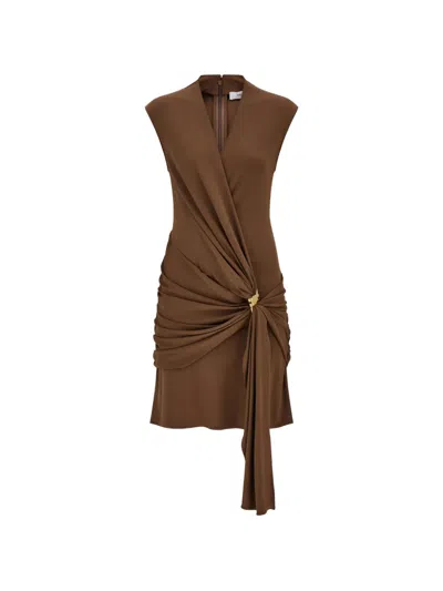 Ferragamo Viscose Mini Dress With Gathered Waist In Brown