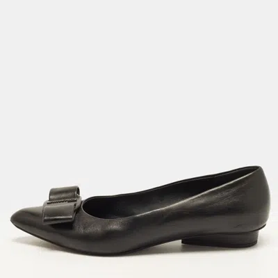 Pre-owned Ferragamo Viva Bow Size 37.5 Black Leather Ballet Flats