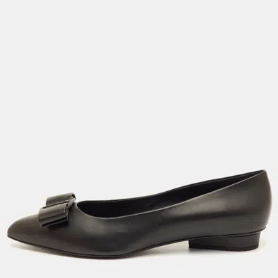 Pre-owned Ferragamo Viva Bow Size 41 Black Leather Ballet Flats