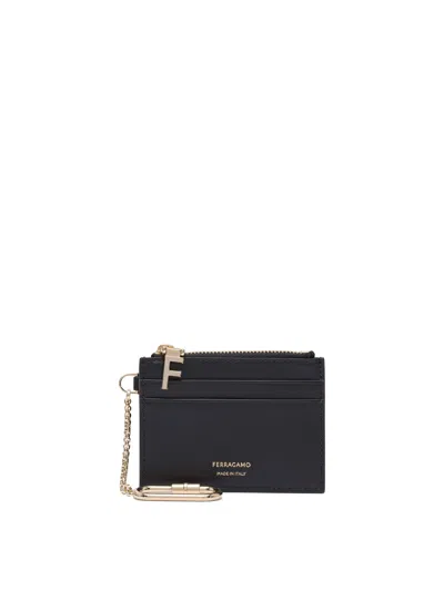 Ferragamo Hot Stamp Zip Leather Card Holder In Black
