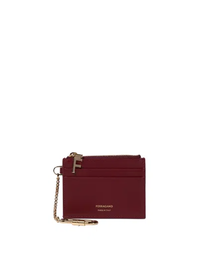 Ferragamo Leather Cardholder With Key-ring In Red