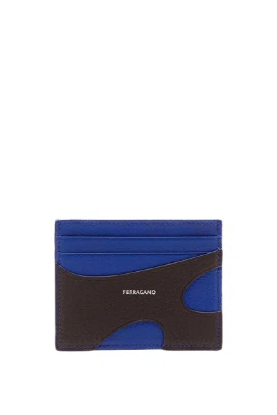 Ferragamo Black Card Holder With Blue Cut Out In Dark Brown