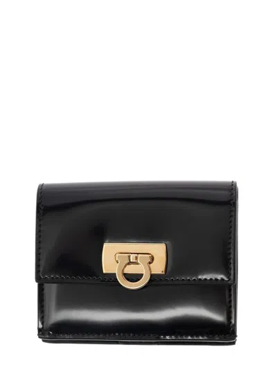 FERRAGAMO 'WANDA' BLACK WALLET WITH GANCINI CLOSURE