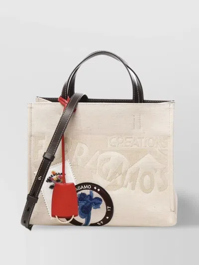 Ferragamo Washed Denim Tote Bag With Leather Handles In Beige-brown