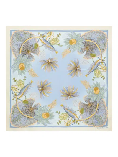 Ferragamo Water Lilies Floral Silk Scarf In Blue