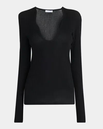 Ferragamo Wavy Scoop-neck Long-sleeve Top In Nero