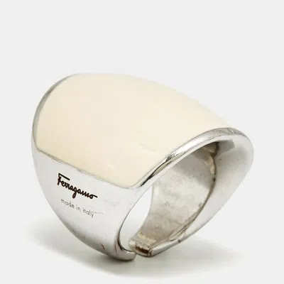 Ferragamo White Enamel Silver Tone Ring