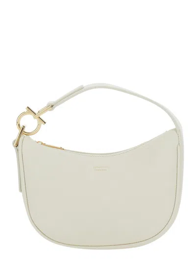 Ferragamo White Handbag With Top Handle With Gancini And Embossed Logo Lettering On The Front In Grained Leath