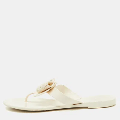 Pre-owned Ferragamo White Jelly Bow Accents Flat Sandals Size 38.5