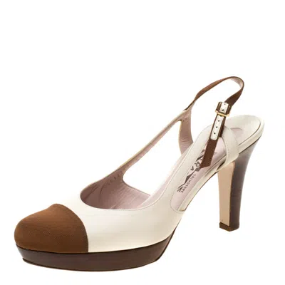 Ferragamo White Leather And Brown Canvas Slingback Platform Sandals In Multi