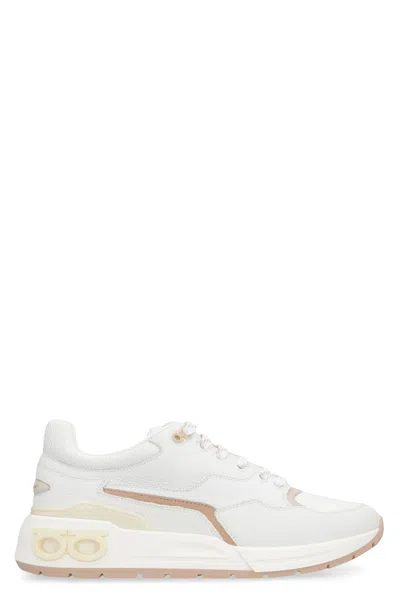 Ferragamo White Leather And Fabric Low-top Sneakers For Women