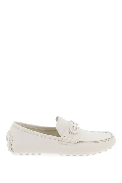 FERRAGAMO WHITE LEATHER LOAFERS WITH ICONIC GANCINI HOOK DETAIL FOR MEN