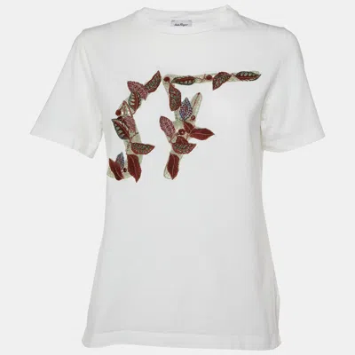 Ferragamo White Logo Embroidered Cotton Crewneck T-shirt In Multi