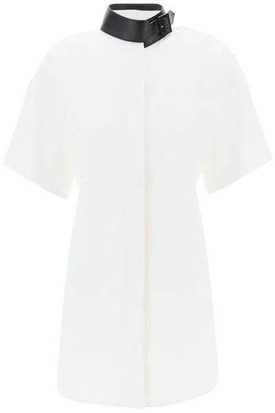 FERRAGAMO WHITE MIDI CHEMISIER DRESS WITH FAUX LEATHER STRAP AND BUCKLE