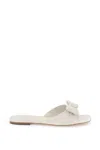 FERRAGAMO WHITE NAPPA LEATHER SLIDE SANDALS WITH BOW DETAIL