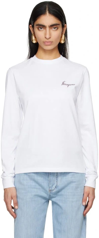 Ferragamo White Printed Long Sleeve T-shirt In 001 Persimmon