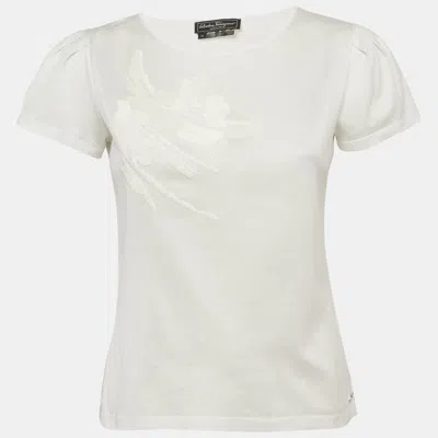 Pre-owned Ferragamo White Sequin Embellished Jersey T-shirt M