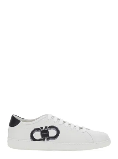 FERRAGAMO WHITE SNEAKERS WITH GANCINI PRINT ON THE SIDE AND CONTRASTING HEEL