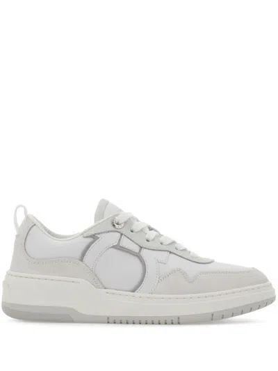 FERRAGAMO WHITE WHITE GANCINI LEATHER SNEAKERS
