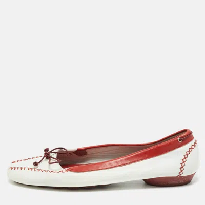 Pre-owned Ferragamo White/red Leather Bow Smoking Slippers Size 39.5