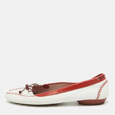 Pre-owned Ferragamo White/red Leather Wildstitch Bow Ballet Flats Size 39.5