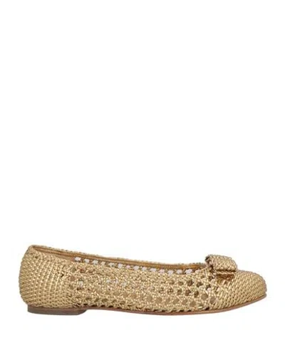 Ferragamo Woman Ballet Flats Gold Size 11 Leather In Multi